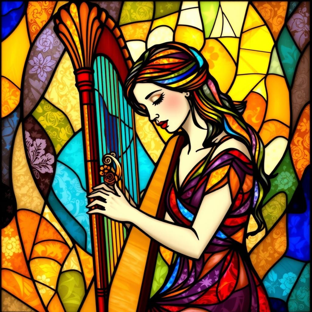 Woman Playing Harp in Stained Glass Style