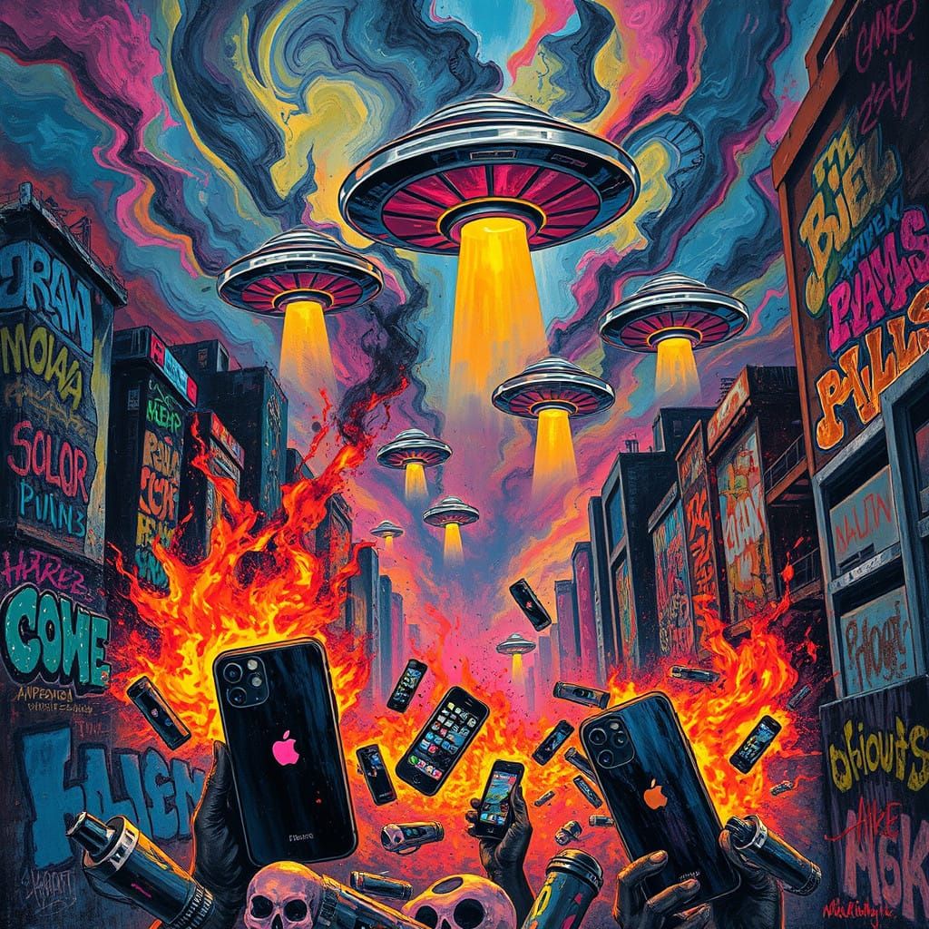 Cyberpunk Apocalypse Unfolds: iPhones Engulfed in Flames