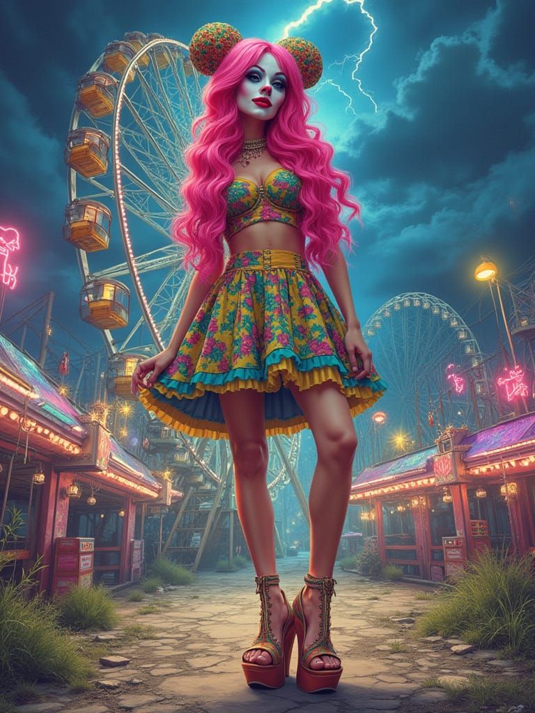 Glamorous Comic Book Model in Whimsical Abandoned Amusement ...