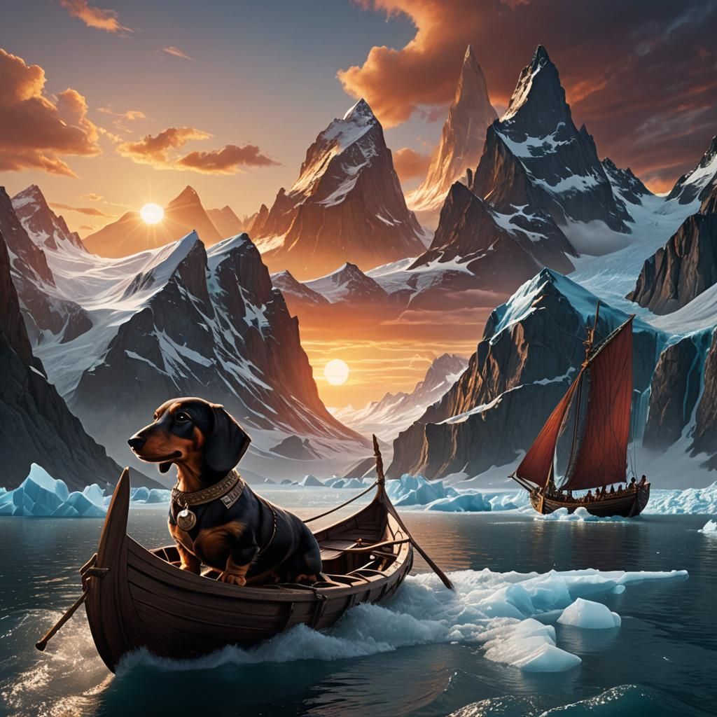 Viking Dachshund Sailing at Sunset: Fantasy Art