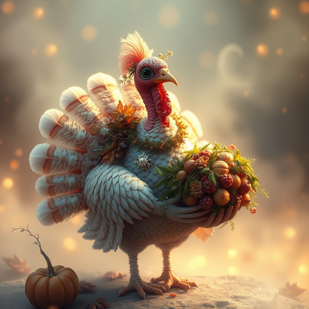 Iridescent Turkey with Cornucopia in 3D Fantasy Scene