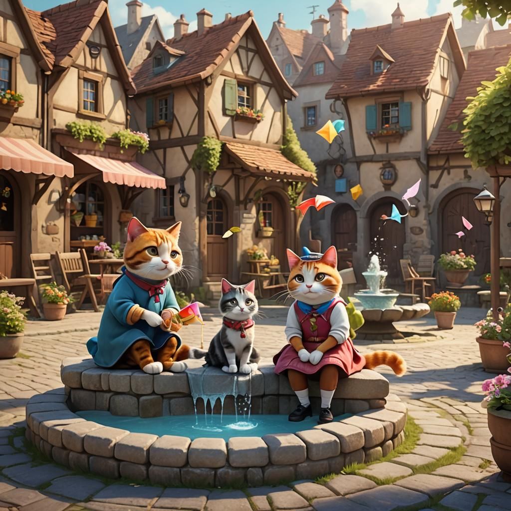 Cats Flying Kite in European Village: 3D Digital Art
