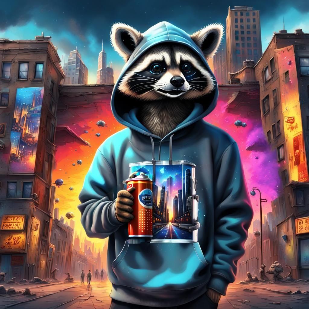 Cartoon Raccoon Graffiti Artist Creates Mural