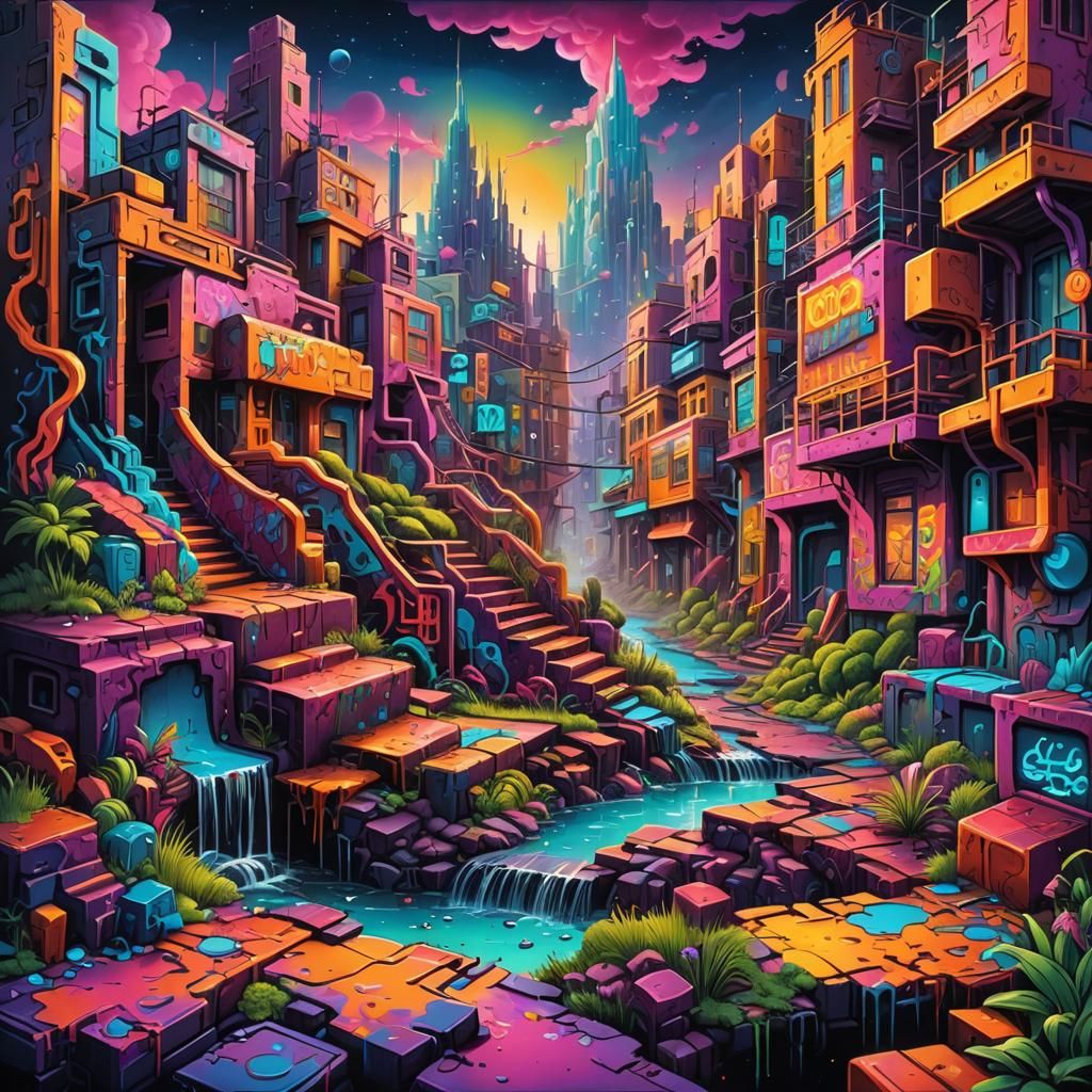 Vivid Neon Fantasy Landscape in Graffiti Art Style