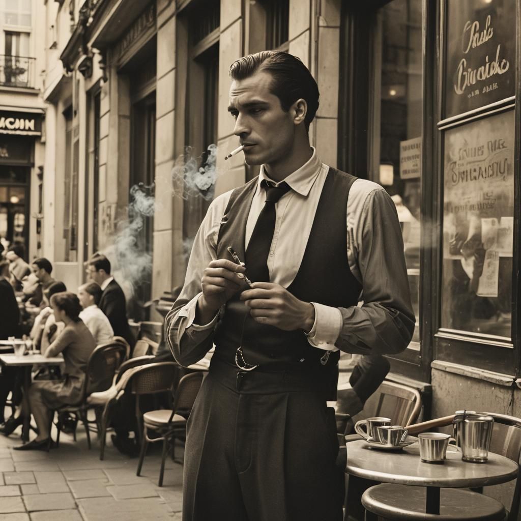 Parisian Waiter Smoking: A Cinematic Film Still
