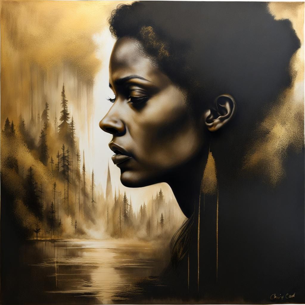 Wistful Double Exposure Charcoal and Gold Ink Drawing