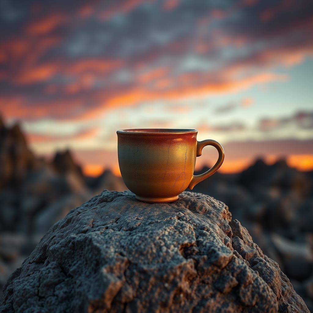 Earth-Toned Espresso Cup in Sunset Landscape