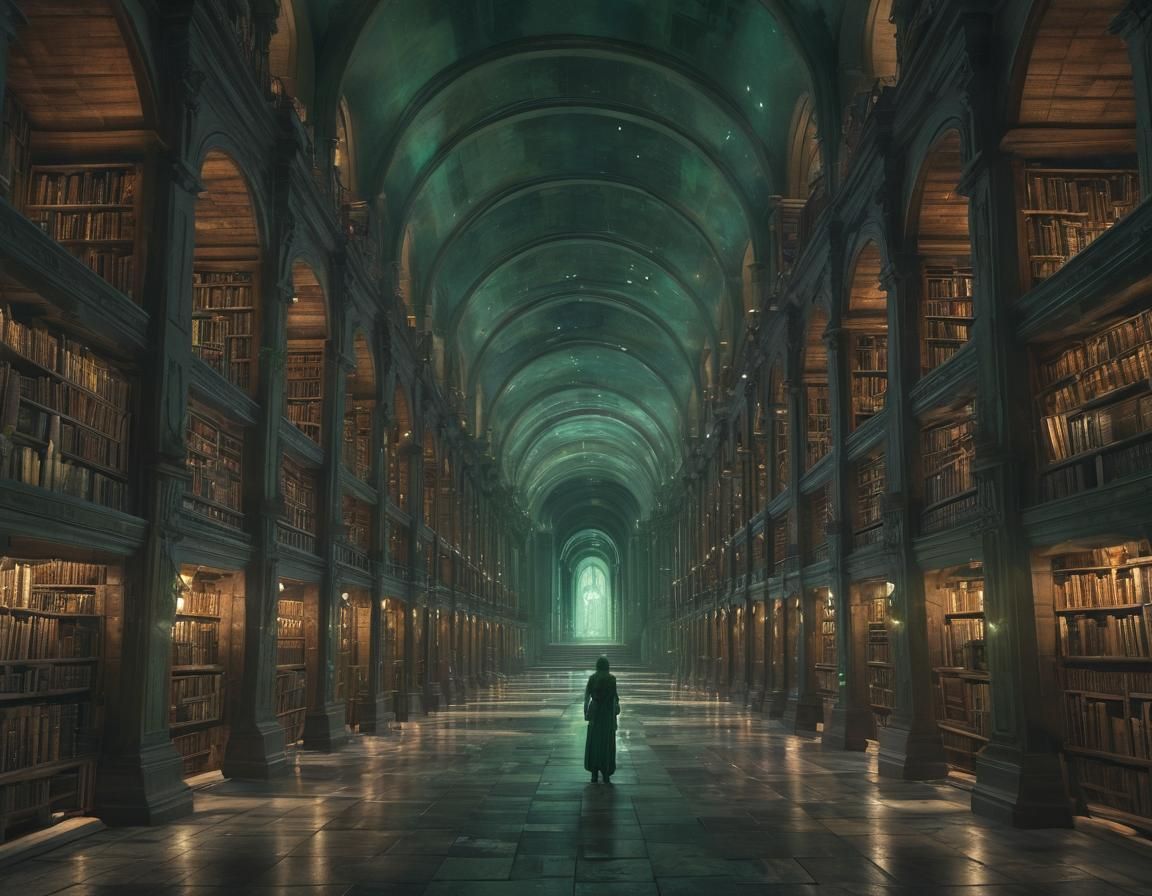 Vast Glowing Library With Ethereal Projections