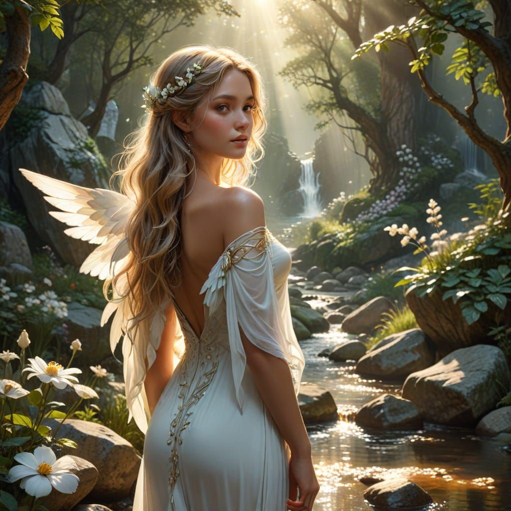 Ethereal Angel in Serene Forest Landscape