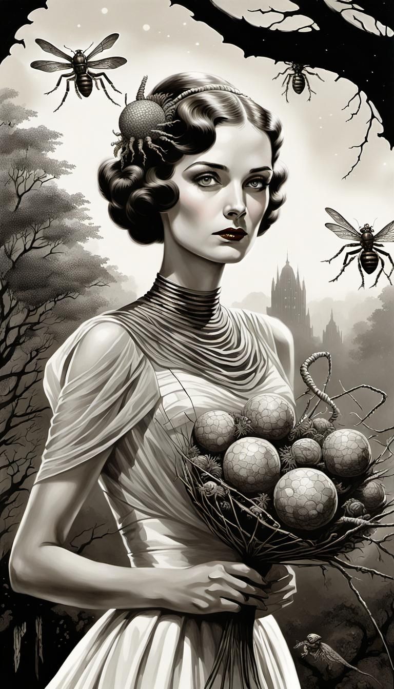 Wasp Nest Bouquet: 1920s Bride in Sci-Fi Portrait