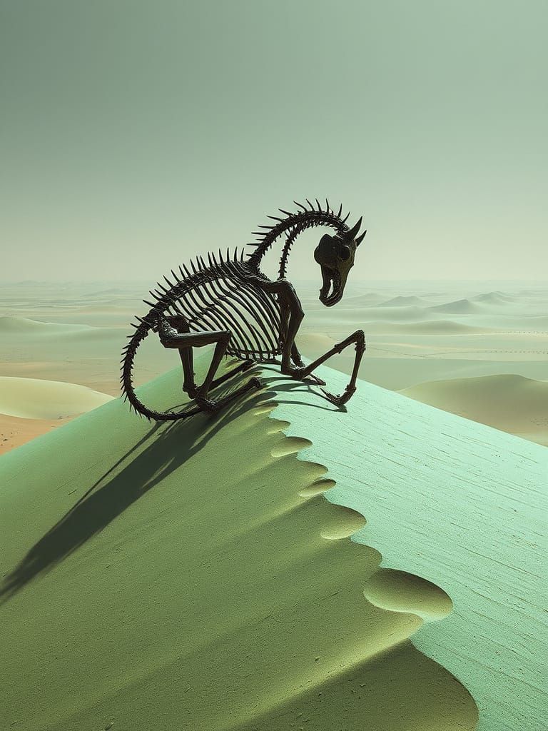 Lonely desert scene with green sand. The skeleton of an alie...