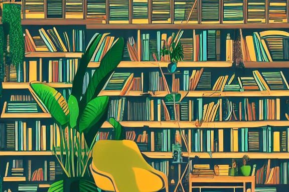 Dreamy Bedroom Illustration with Plants and Books