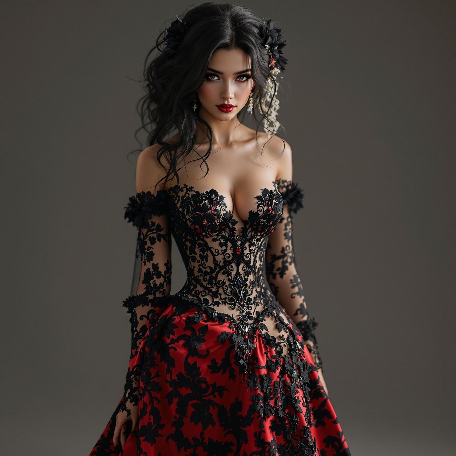 Bride in Intricate Red and Black Wedding Gown with Laces