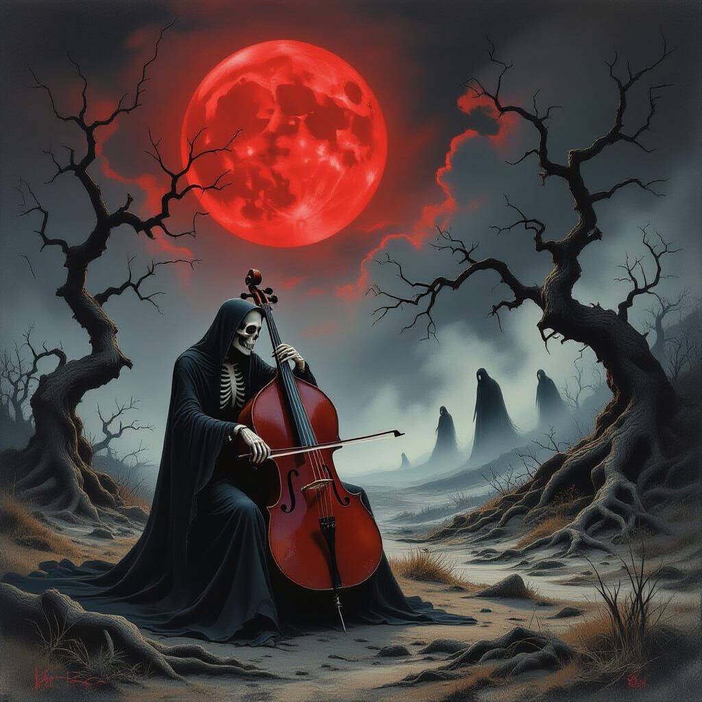 Skeleton Cellist on Haunted Moor Under Blood Moon