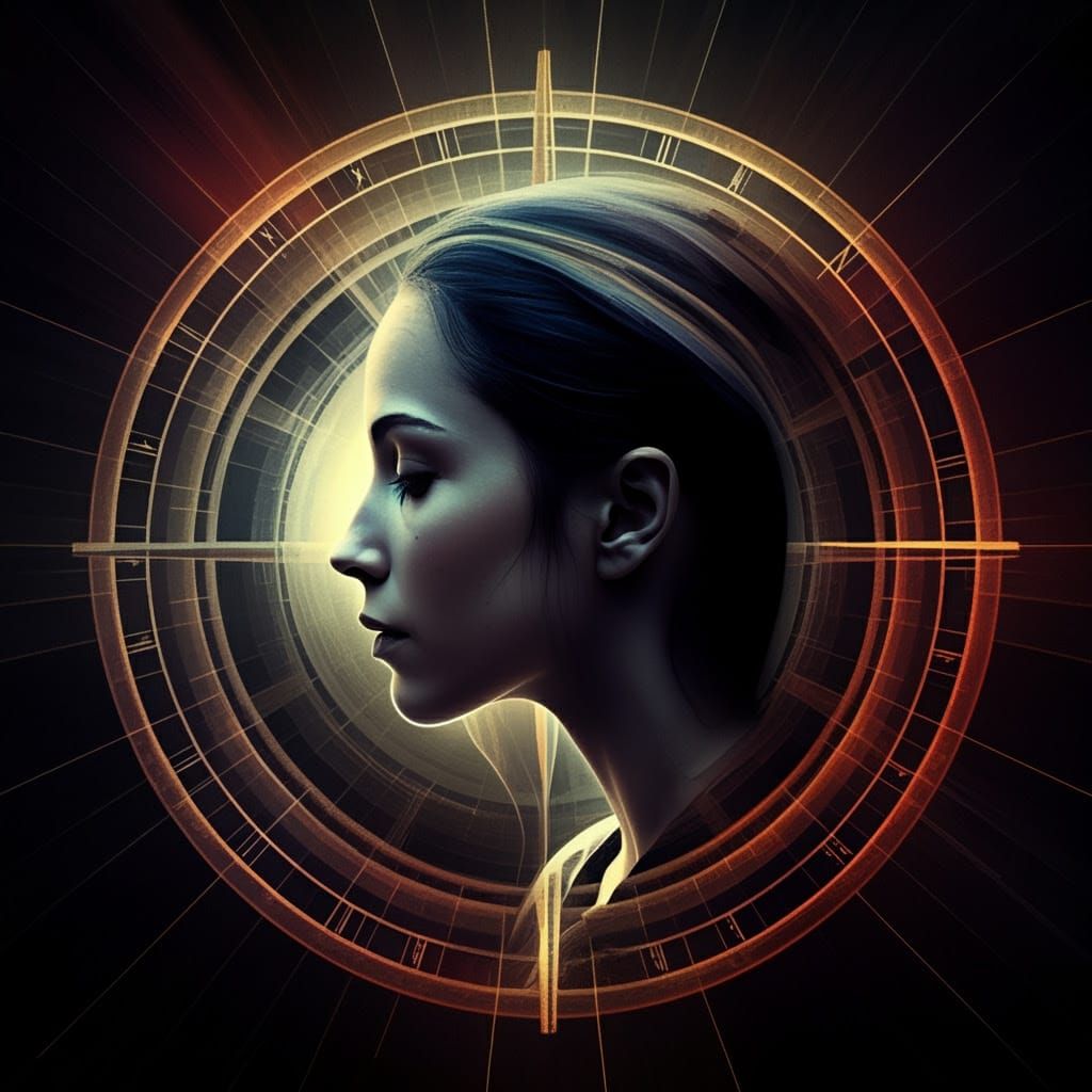 Woman's Profile in Radiating Lines, Hyper Realistic Composit...