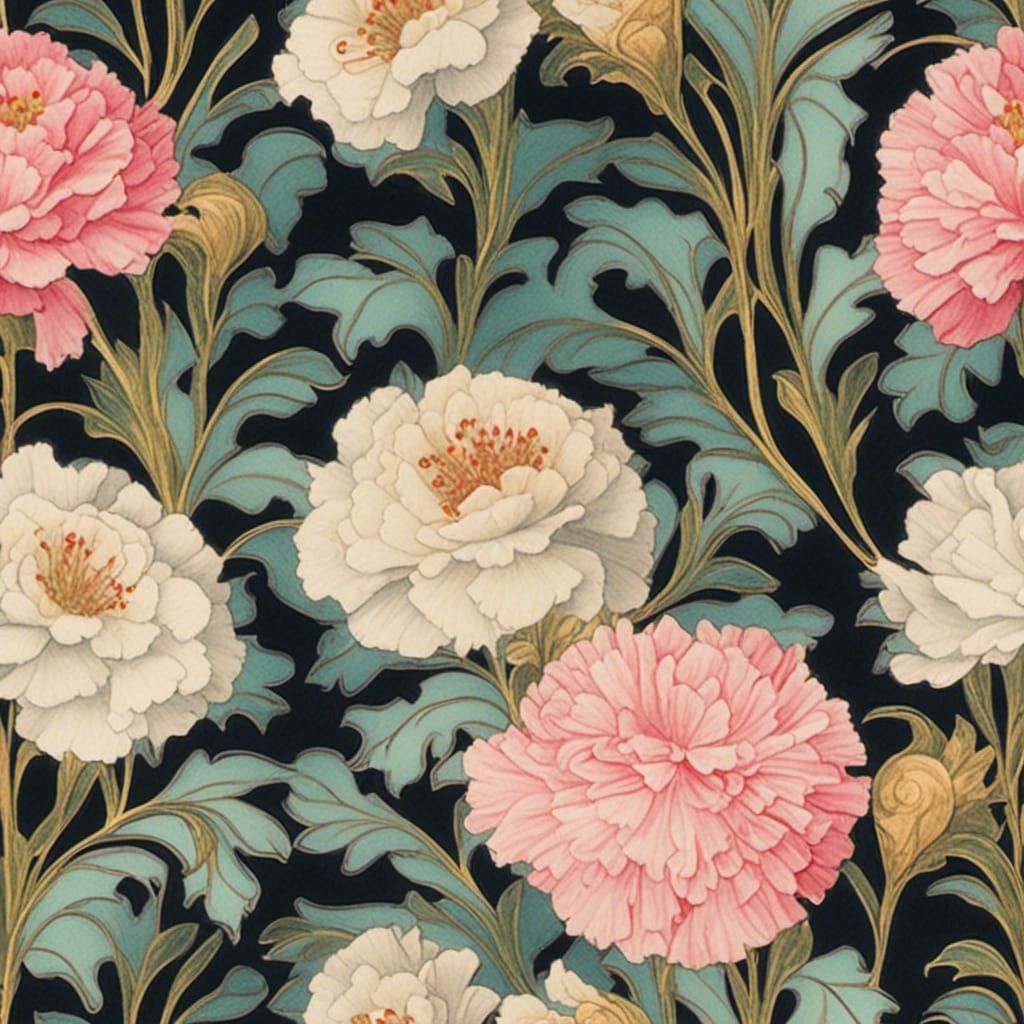 Carnations on Vintage Scrapbook Paper in Ink Style