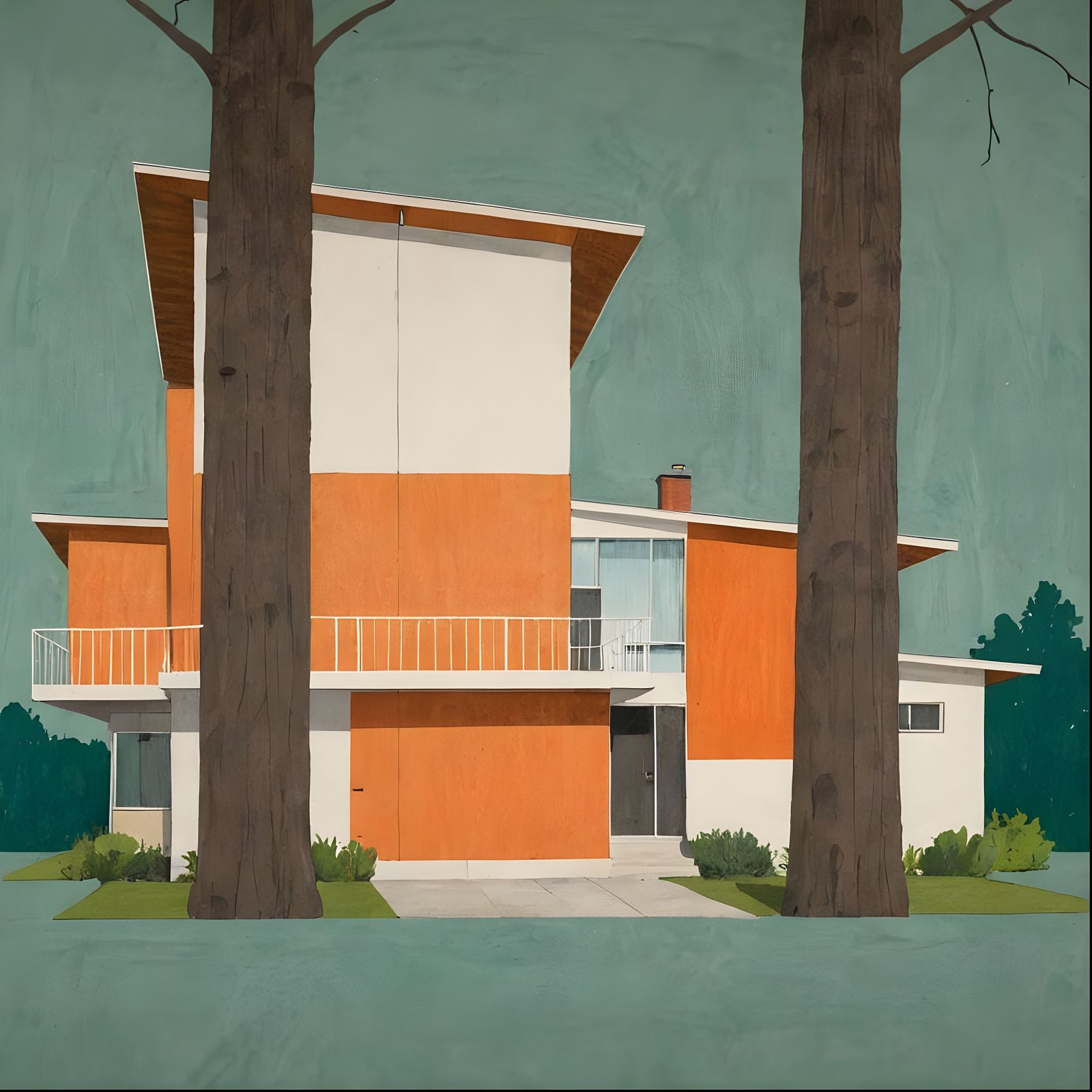 Mid-Century House in Mixed Media Style