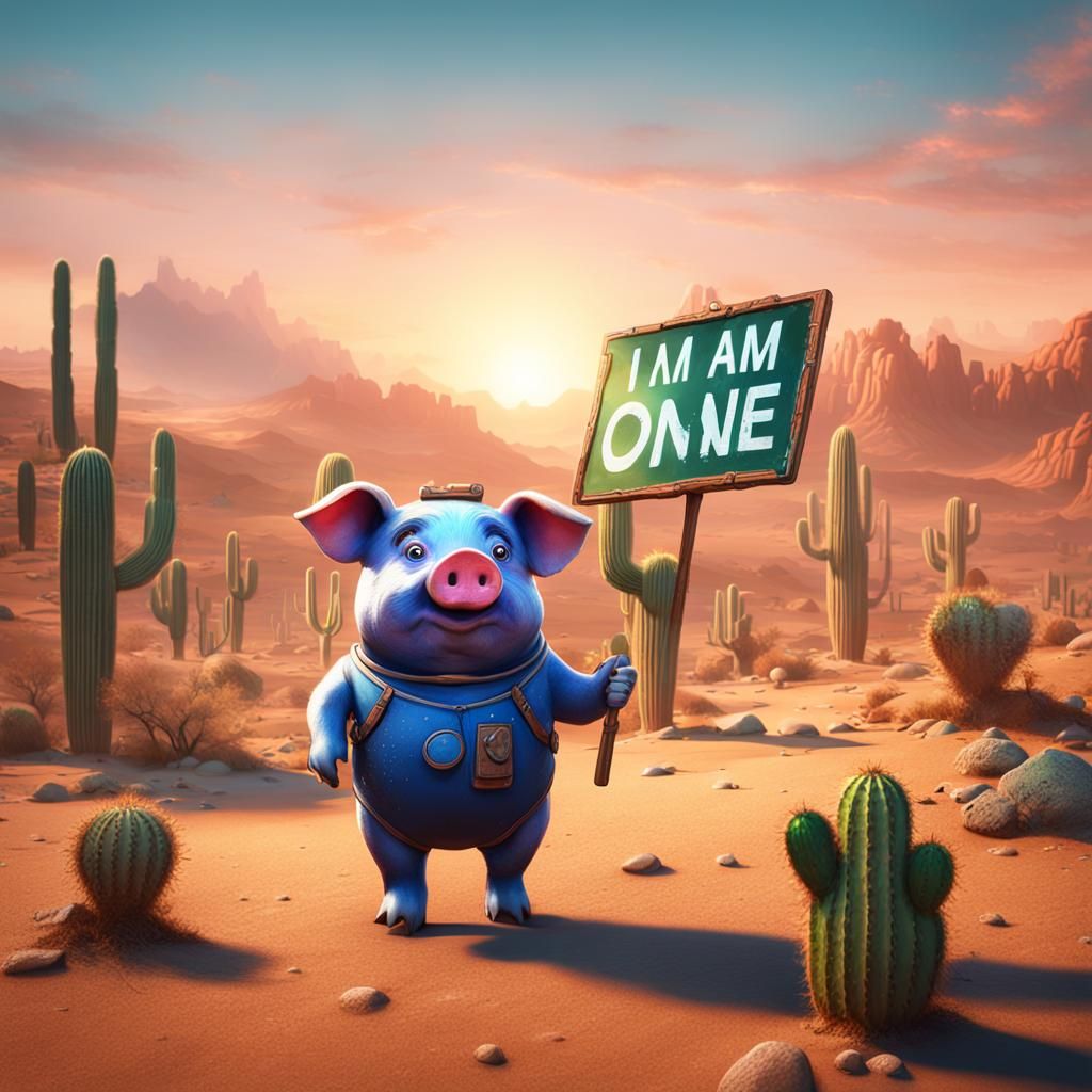 Pig Swimming in Desert Oasis Holding Sign