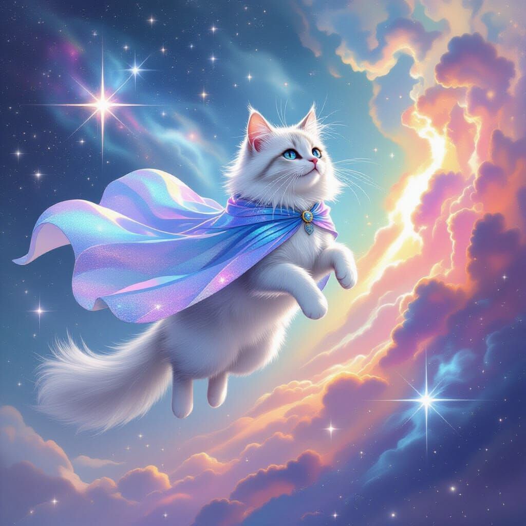 Celestial Cat Soaring Through a Pastel Galaxy