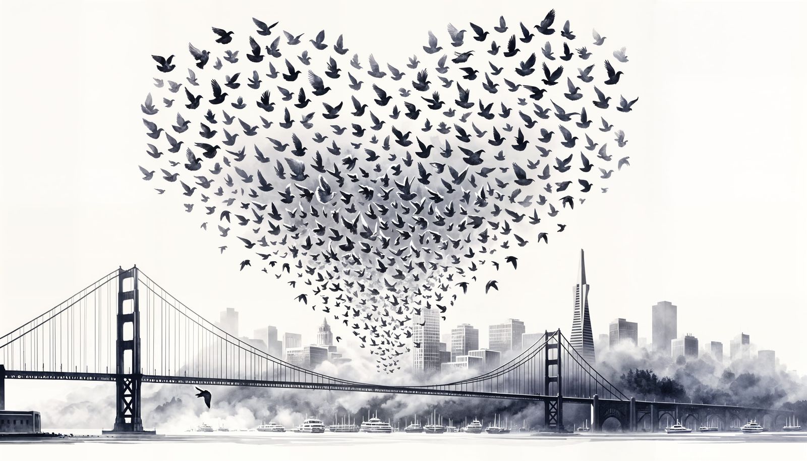 Doves in Majestic Formation Over San Francisco Cityscape