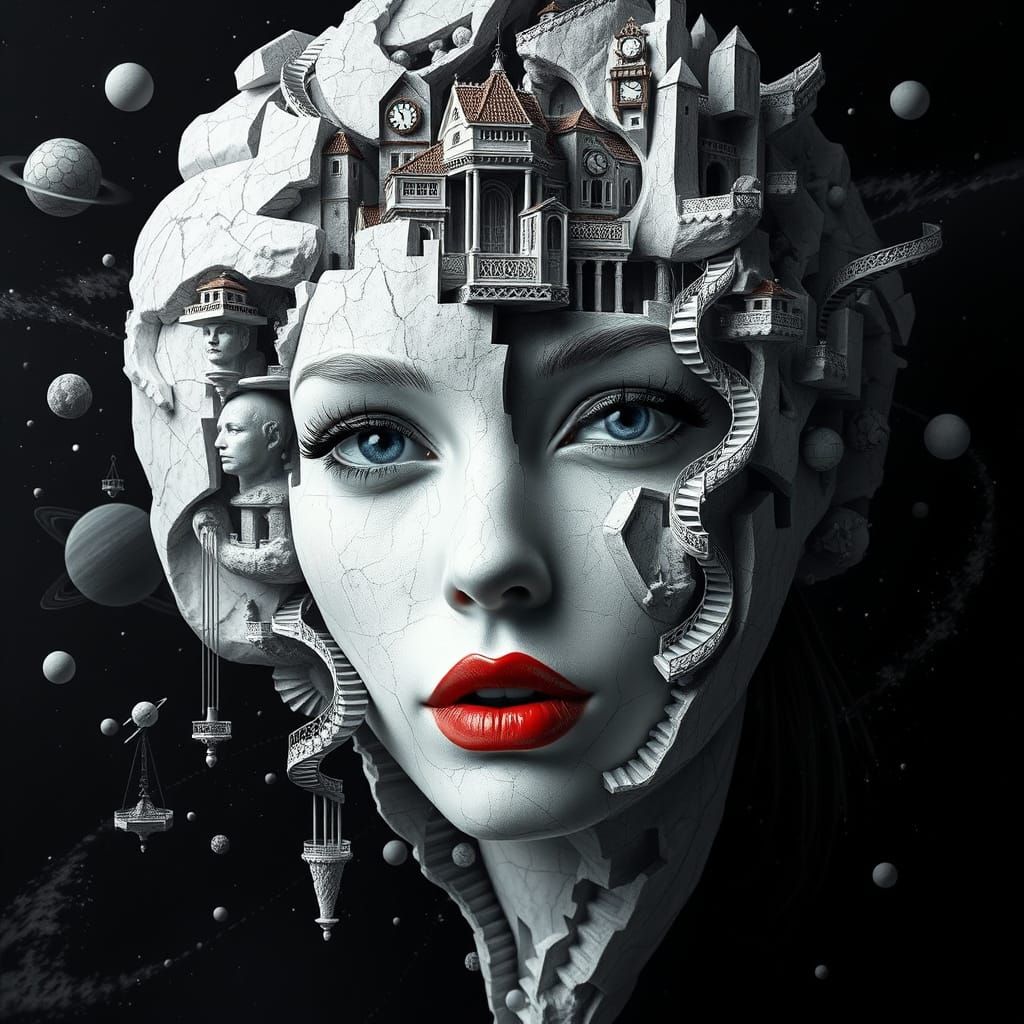 Surreal Marble Woman Portrait with Labyrinth Cityscape