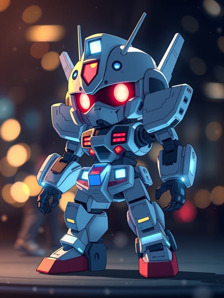 Cute Anime Style Mecha robot with Bokeh lighting all around.