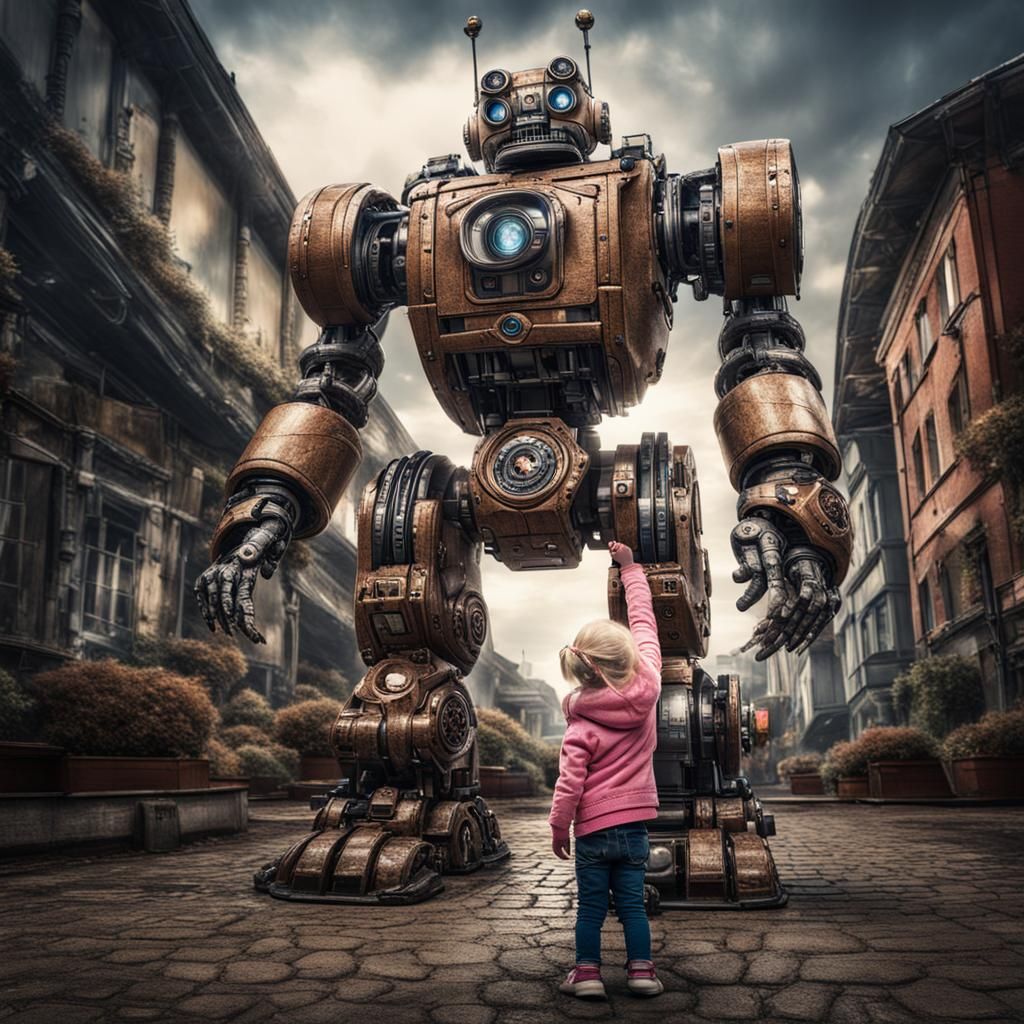 Girl and Robot: Hyperrealistic, High-Contrast Image