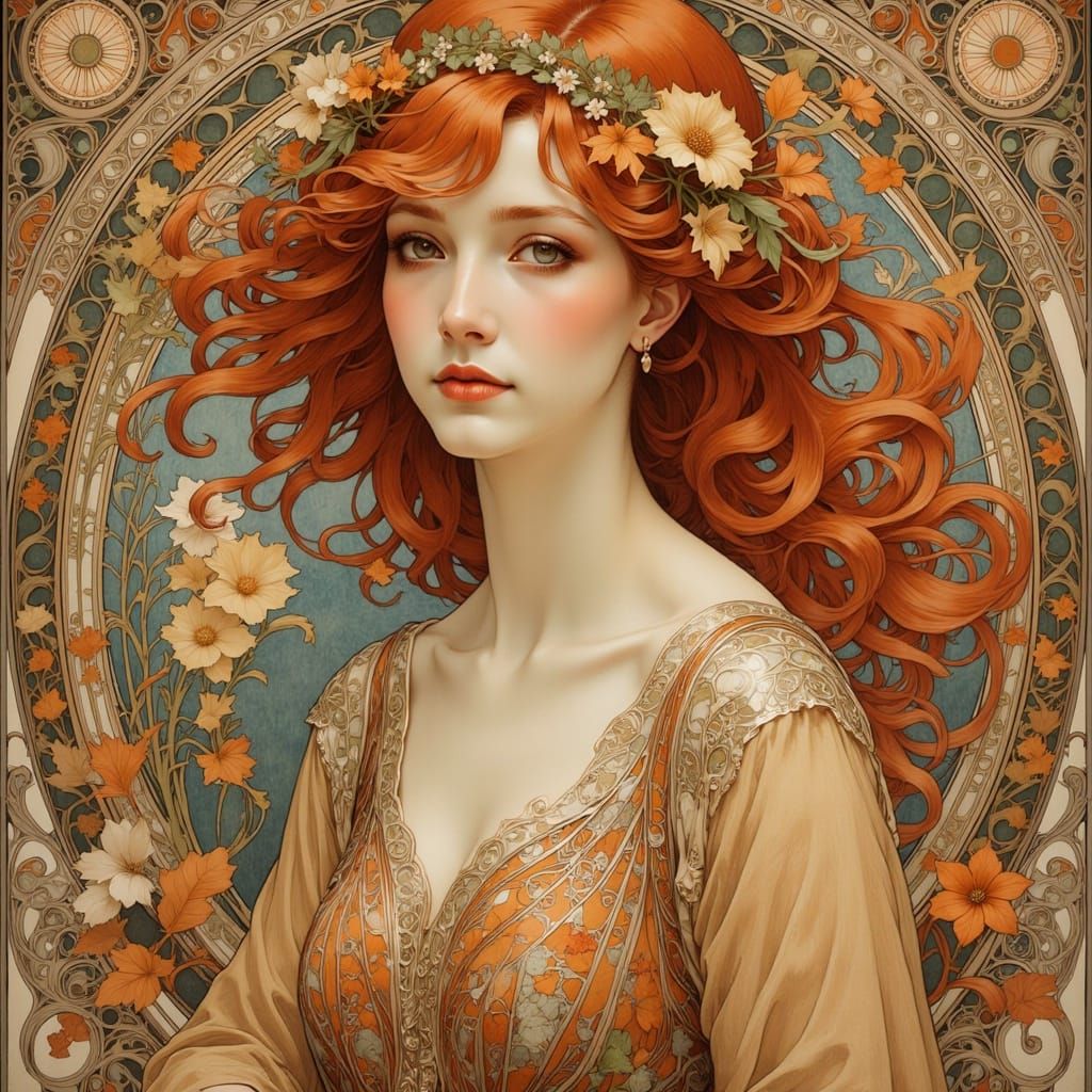 Art Nouveau Woman in Autumnal Setting