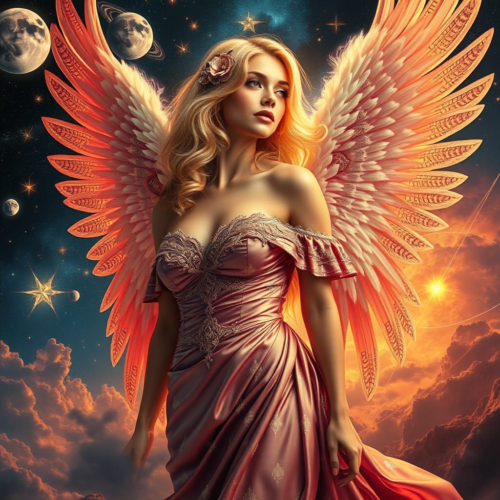 An illustration full-body, in fantasy-magical-surrealism high contrast. unique and dynamic celestial view of glowing col...