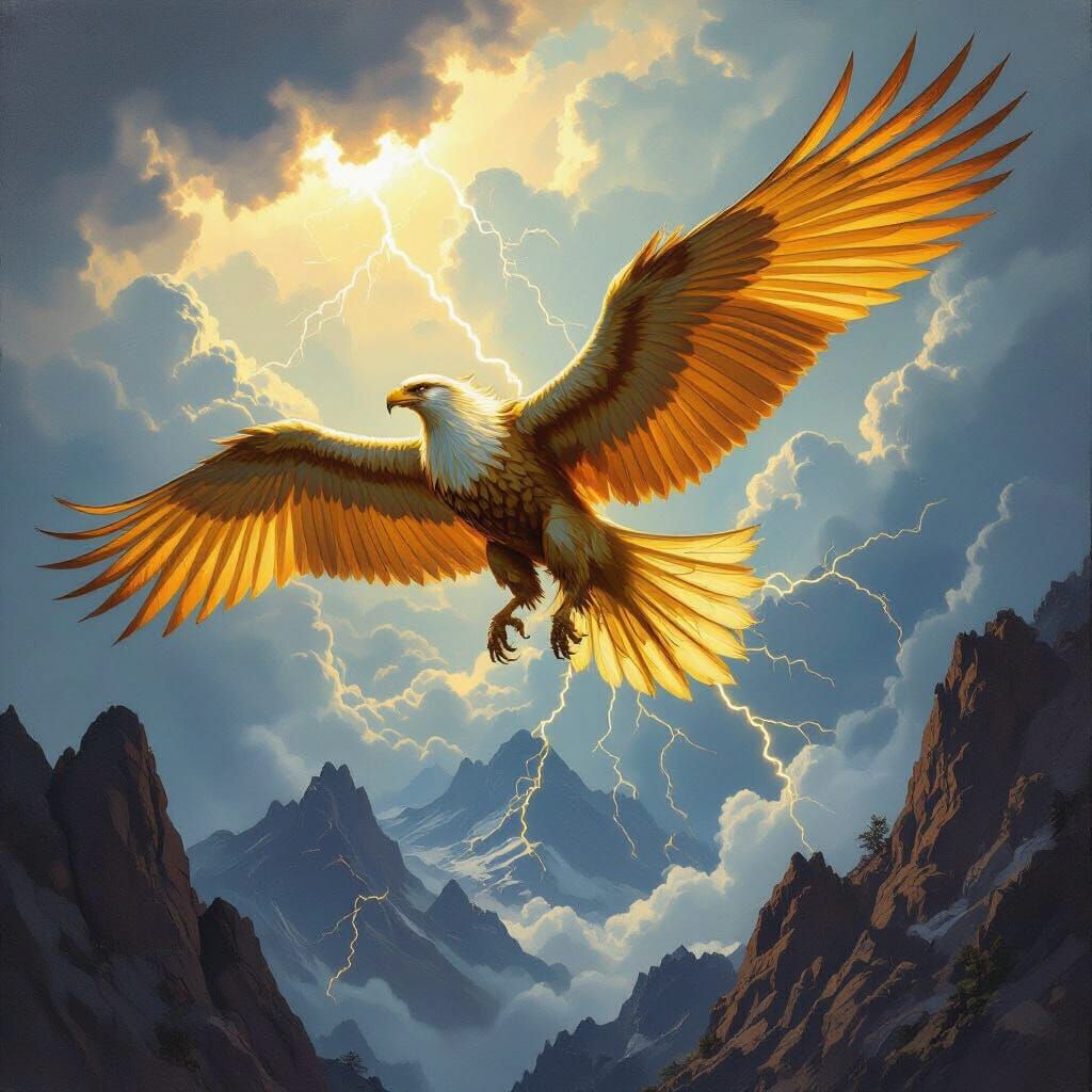 Griffin Soaring Through Stormy Skies: An Oil Painting