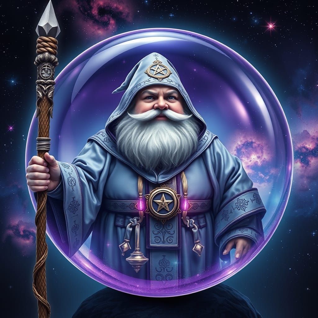 Wizard Trapped in Crystal Sphere Reflecting Cosmos