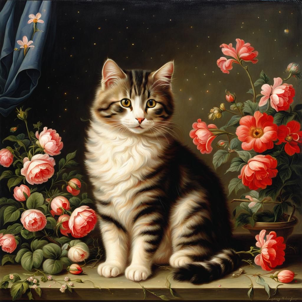Cute Cat Portrait in Baroque Style with Heart Lights