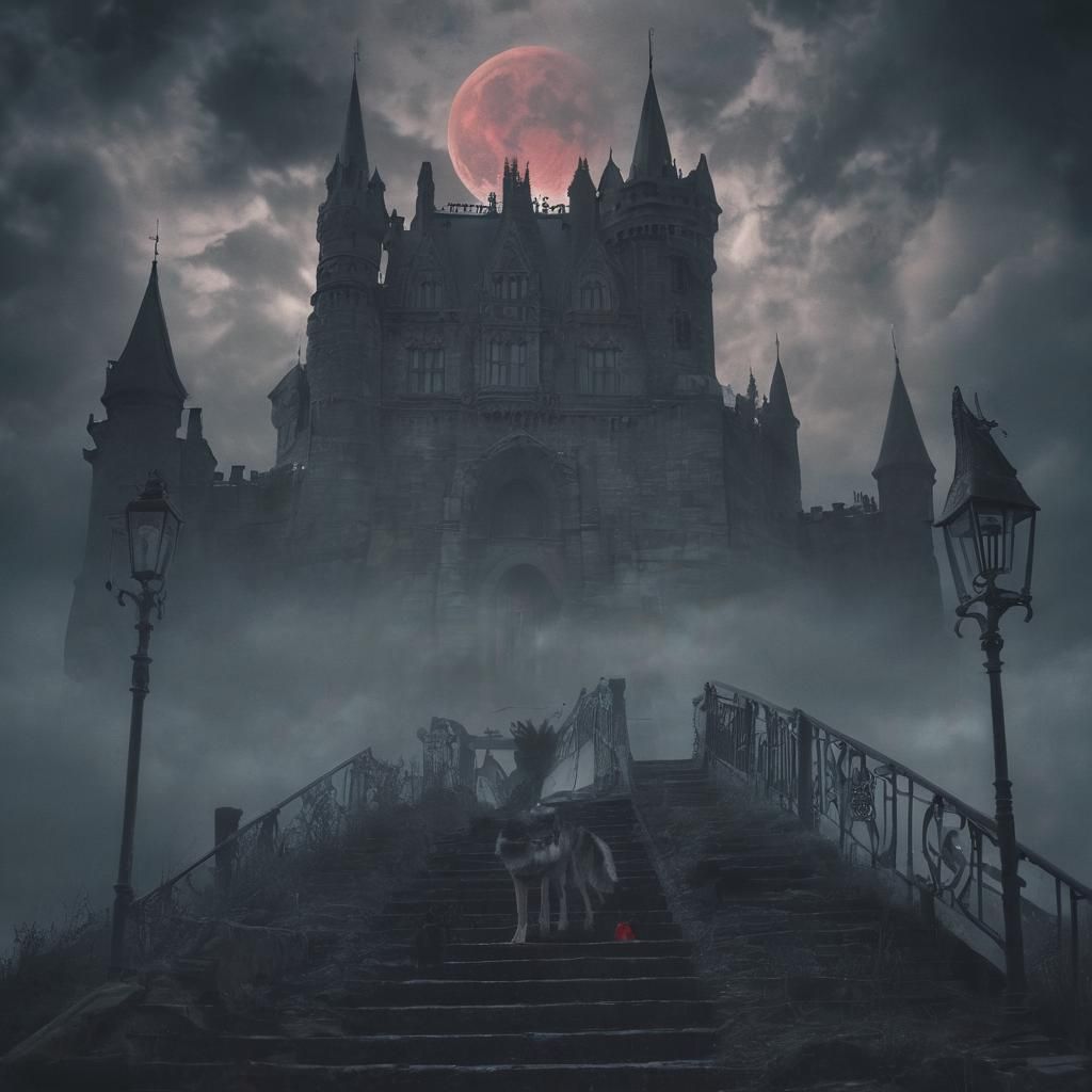 Surreal Infinite Stairway to Dark Castle Under Blood Moon