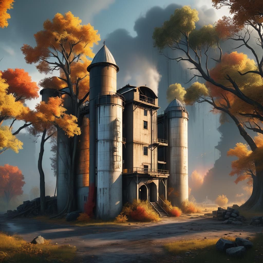 Silo Home at Sunrise: Detailed Matte Painting