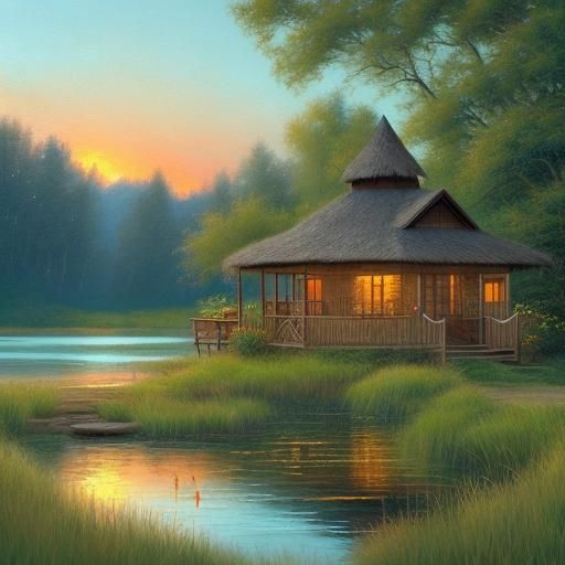 Idyllic Lakeside Sunset Painting in Gurney Style