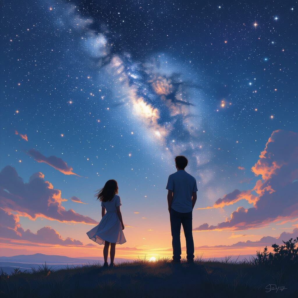 Stargazers on a Hill in Dreamy Landscape