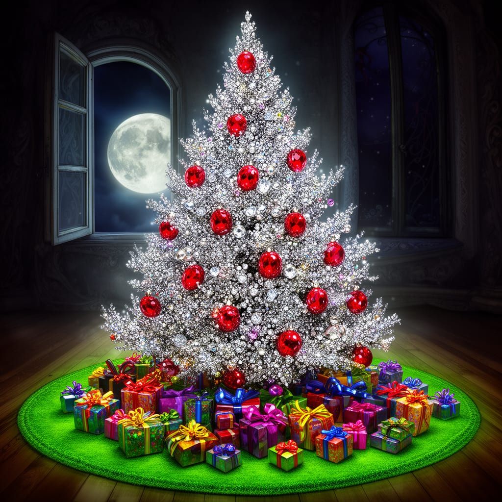 Diamond Christmas Tree with Ruby Ornaments and Gifts