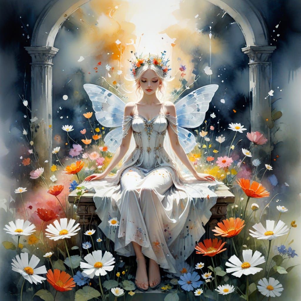 Fairy Queen Reigns Amidst Floral Throne in Whimsical Waterco...