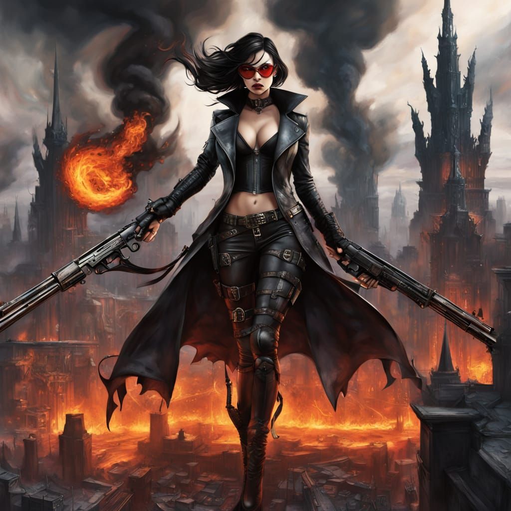 Bayonetta in Dark Fantasy Hellish Cityscape