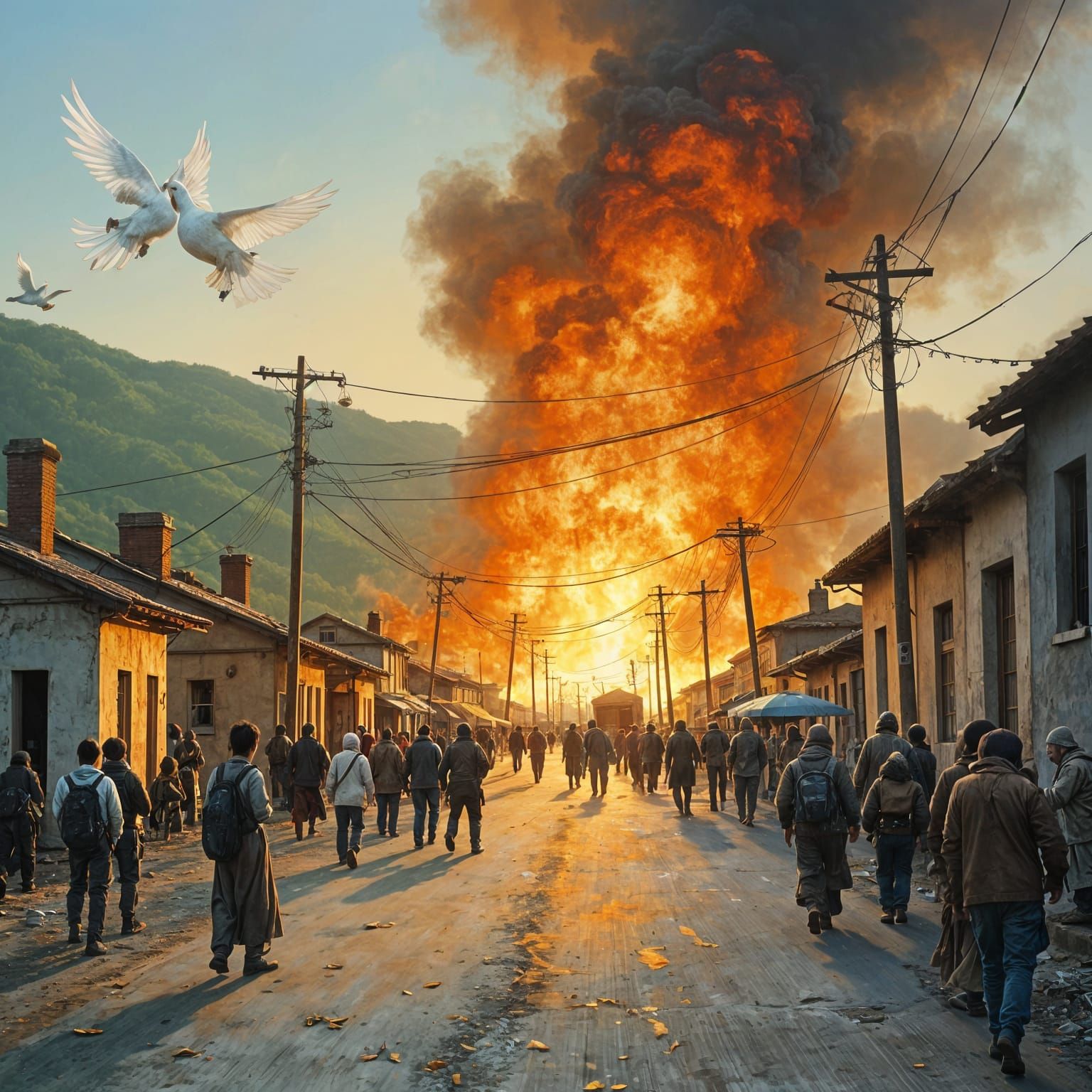 Town in Flames: An Expressive Gouache and Oil Painting