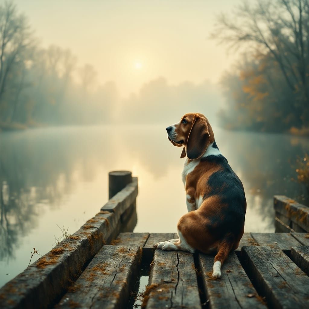 Basset Hound Contemplates Misty Lake at Dawn