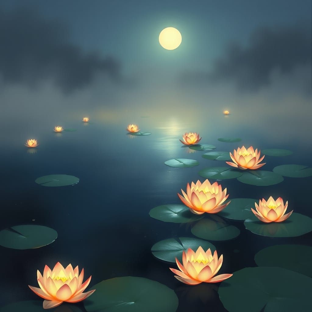 Moonlit Lotus Blooms in a Mystical Pond Scene