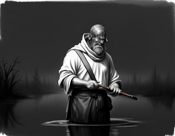 Bullywug in Misty Swamp: Minimalist Black and White Illustra...