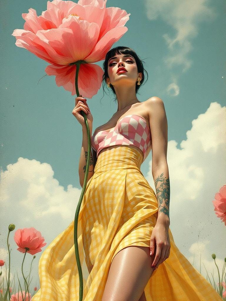 Woman in Pink Bodice Holds Giant Poppy, Art Deco Meets Grung...