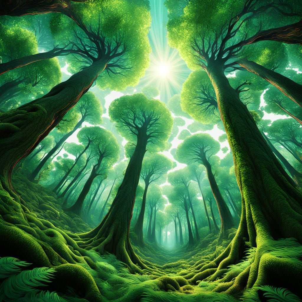 Swirling Forest Canopy Vortex in Psychedelic Digital Art