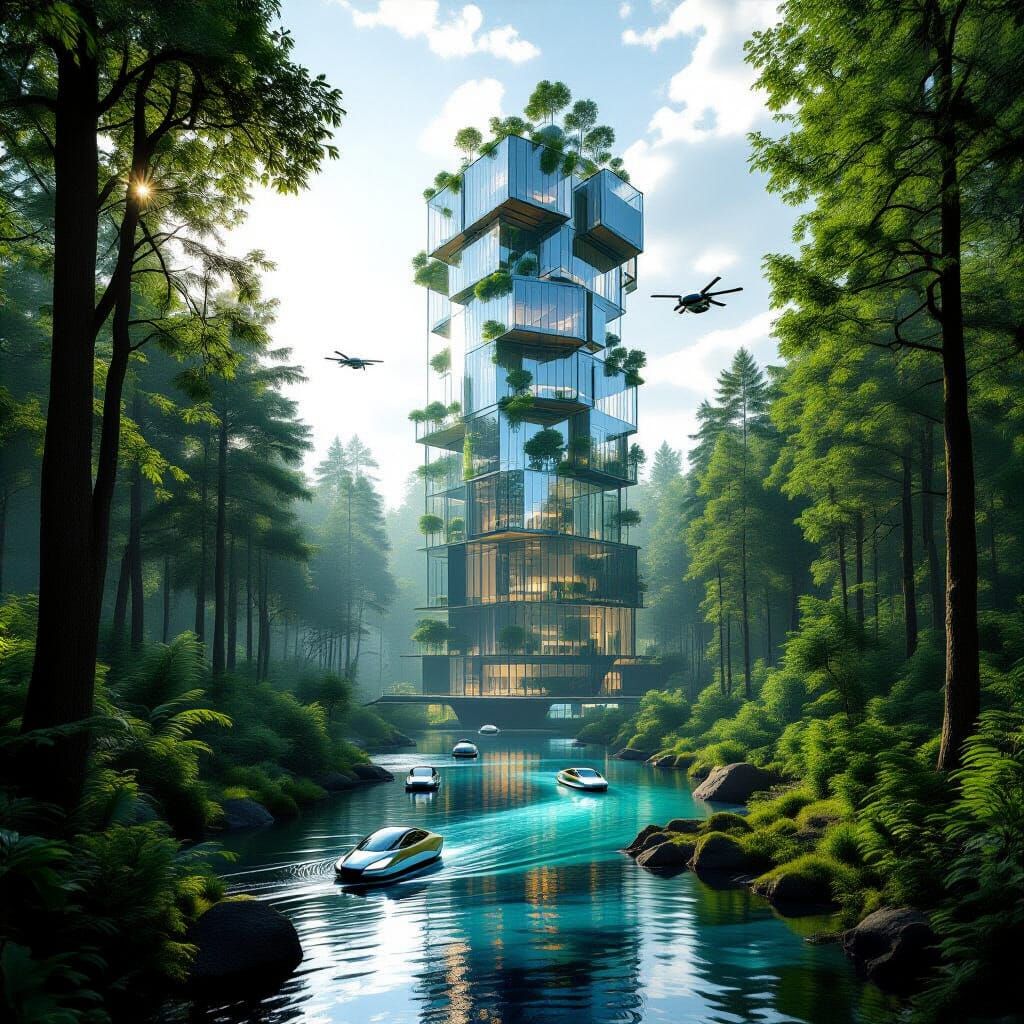 Futuristic Eco-City in Lush Forest with Flying Vehicles