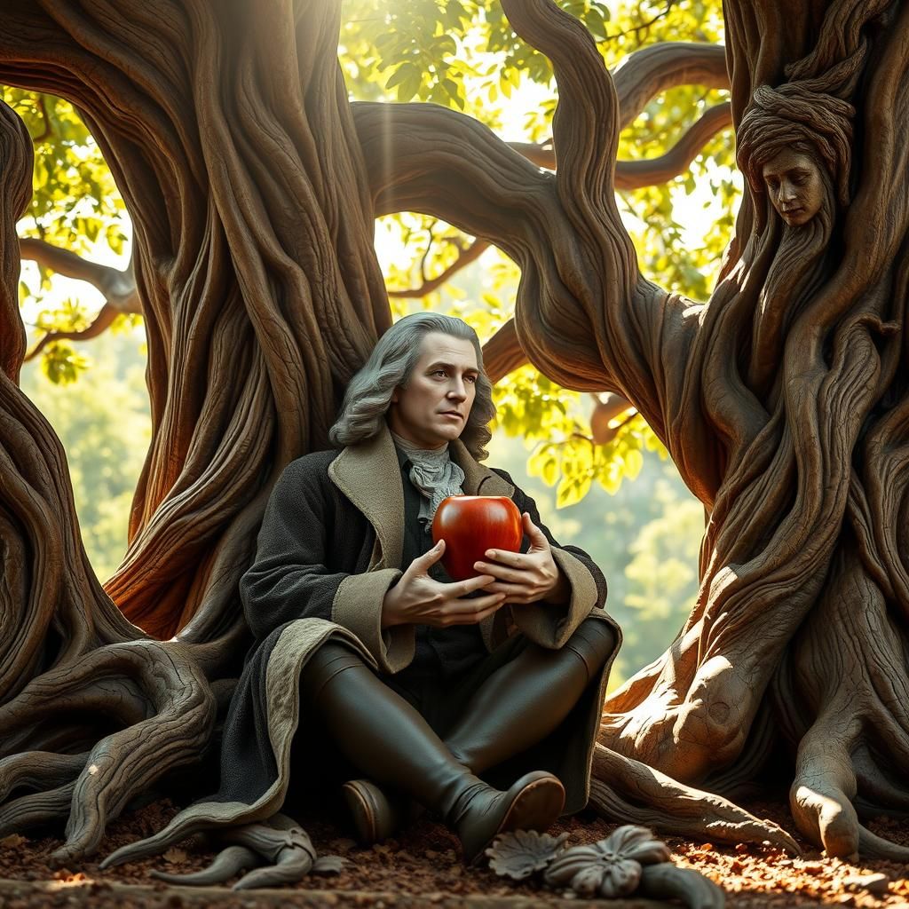 Newton and Apple, Carved Tree in Volumetric Lighting