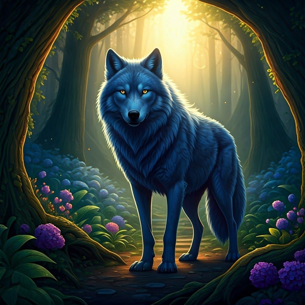 Majestic Blueberry Wolf in Mystical Forest