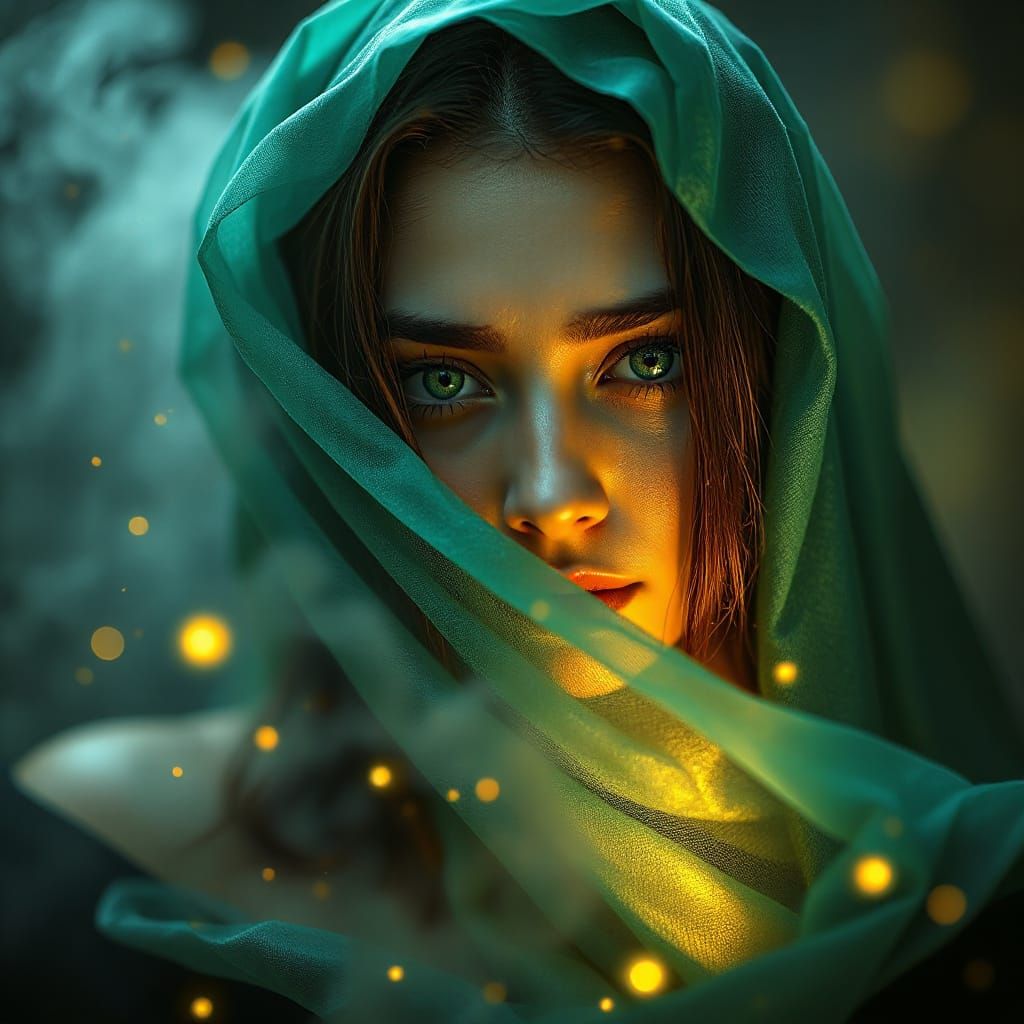 Ethereal Enchantress in Emerald Veil, Renaissance-Inspired F...