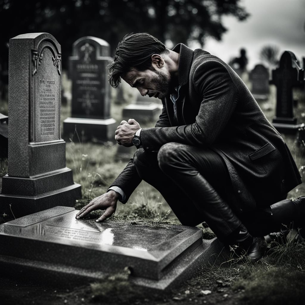 Grief-Stricken Man Mourns at Graveside